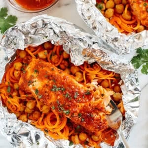 Image of Moroccan Salmon Foil Packets with Carrot Noodles & Chickpeas