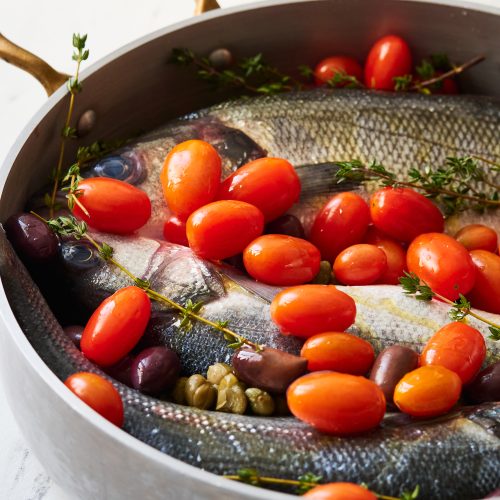 Poached Greek-style Sea Bass