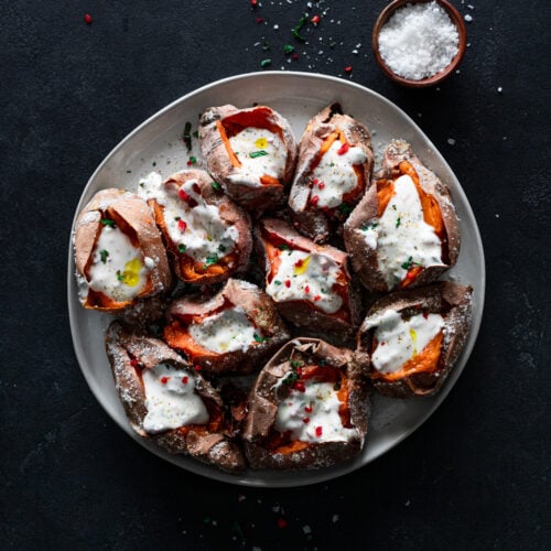 Image of Salt Roasted Sweet Potatoes Recipe with Chili Mint Yogurt Sauce
