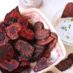 Image of Heart-Shaped Red Beet Chips with Garlic Parsley Dip