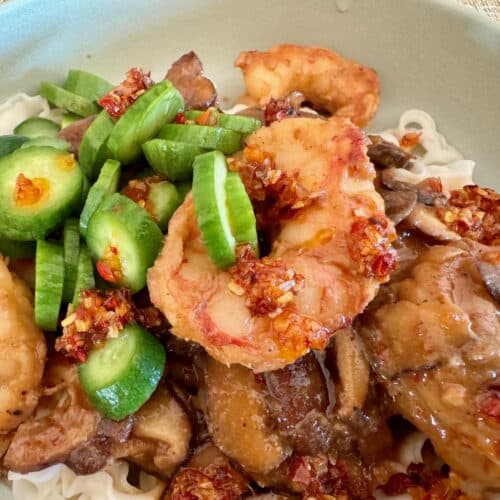 Spicy Shrimp with Trader Joe’s Squiggly Knife Cut Noodle Bowl