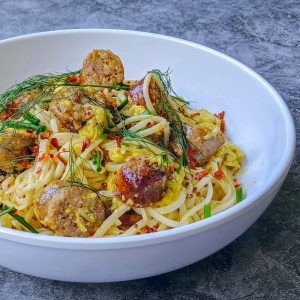 Image of Keto Brunch Pasta: Brats & Eggs w/ Dijon Cream Sauce