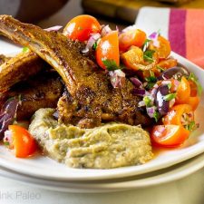 Image of Spiced Lamb Cutlets with Eggplant Puree & Tomato Olive Salad