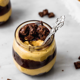 Lucuma Mousse with Brownies and Chocolate Sauce