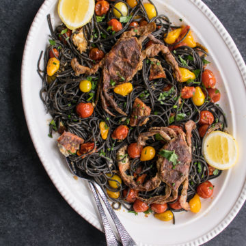 Squid Ink Pasta with Soft Shell Crab and Tomatoes