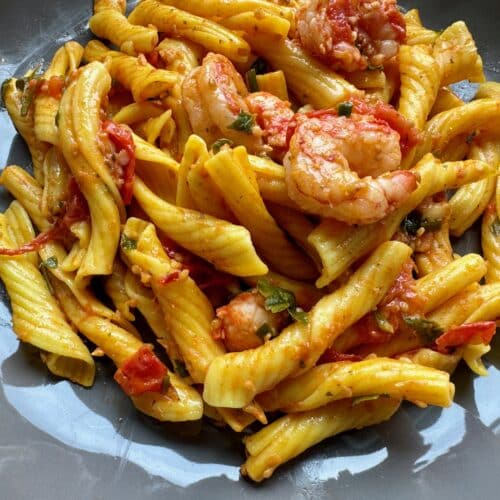 Trader Joe’s Lemon Torchietti with Shrimp and Tomatoes