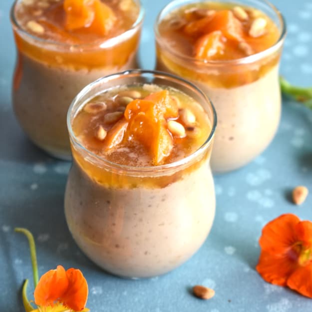 Warm Millet Rice Pudding with Glazed Apricots and Toasted Pine Nuts