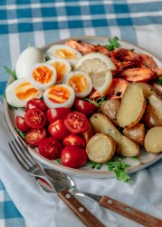 Shrimp and potato salad with green goddess sauce