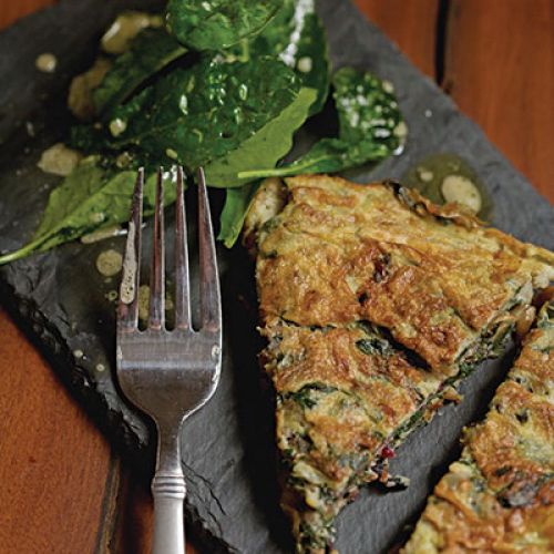 Frittata with Swiss Chard, Golden Raisins, Pine Nuts and Pancetta