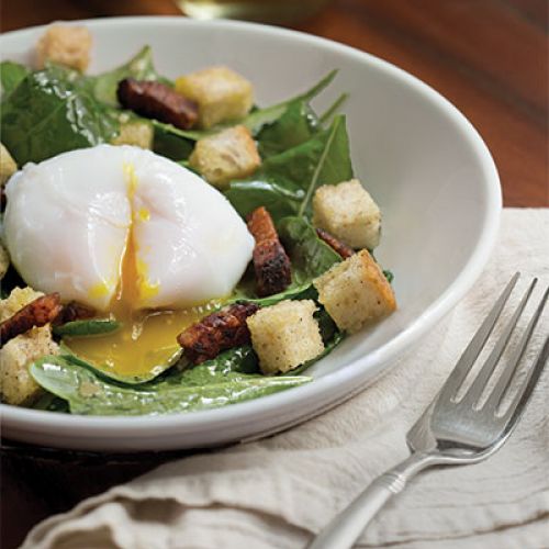 Poached Duck Eggs with Baby Mustard Greens, Lardons, Sourdough Croutons and
Shallot-Mustard Vinaigrette