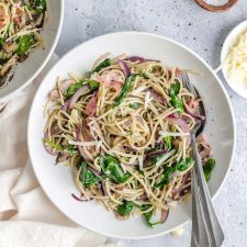 Spaghetti with Garlic, Mushrooms and Prosciutto