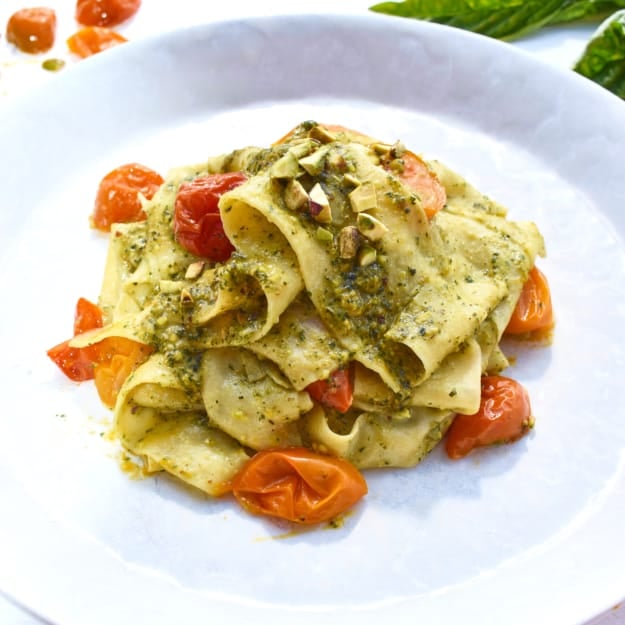 Homemade Pappardelle Pasta with Pistachio Pesto and Roasted Cherry Tomatoes