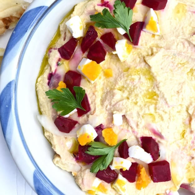 Warm Hummus with Roasted Pickled Beets, Onions, and Egg