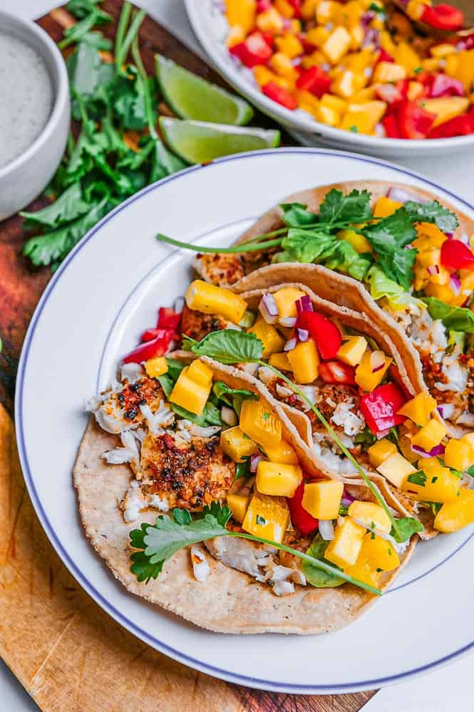 Baked Fish Tacos with Mango Salsa & Creamy White Lightning Sauce