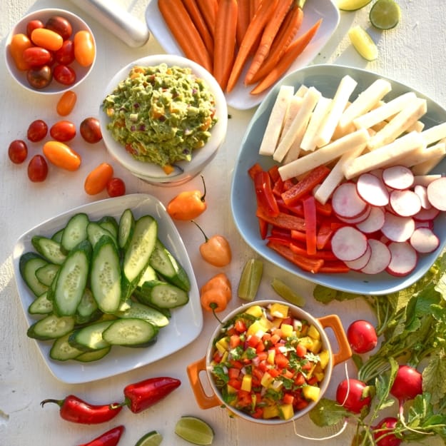 Cinco Veggie Spread: Super Charged Guacamole and Mango Bell Pepper Salsa