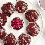 CHOCOLATE BLUEBERRY PALEO CUPCAKES WITH CHOCOLATE GANACHE AND RASPBERRY TOPPING
(AIP, VEGAN, GLUTEN-FREE)