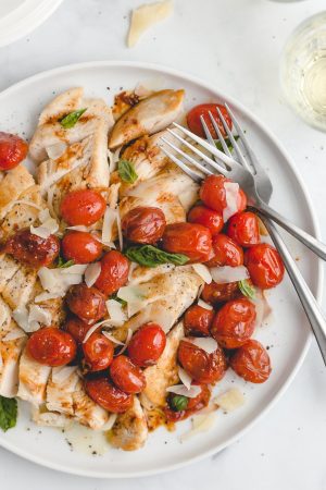 One Pan Chicken with Garlic Balsamic Tomatoes
