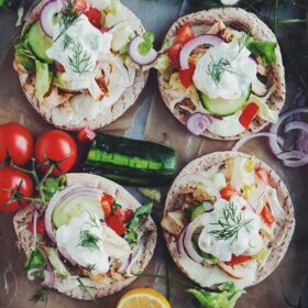 Chicken Pitas with Jalapeño Whipped Feta and Tzatziki