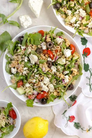 Greek Whole Grain Salad with Lemon Salmon and Feta
