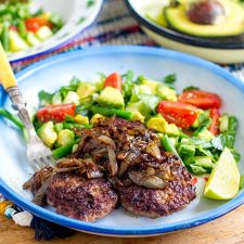 Beef Burgers With Jerk Onions & Cucumber Avocado Salad