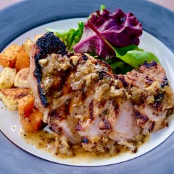Apple Brined Duroc Pork Chops with Sweet Whisky & Grain Mustard Sauce