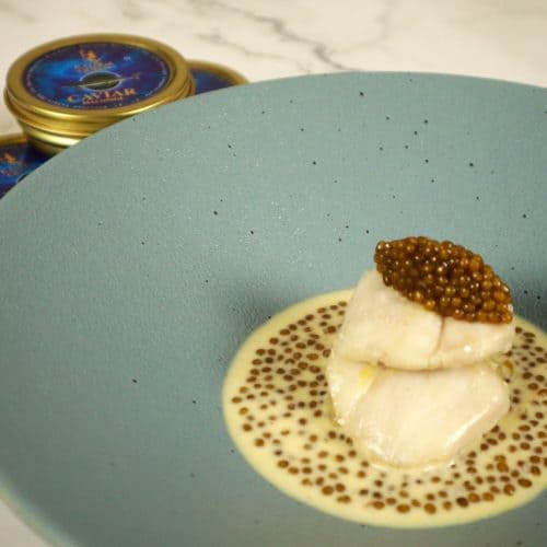 Monkfish Cheeks with Caviar and Champagne Sauce