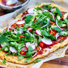 Chicken Pizza Crust With Spicy Sauce & Fresh Herbs (Keto, Gluten-Free)