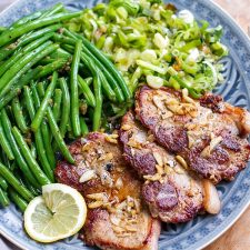 Grilled Pork Steak With Garlic, Green Beans & Leeks