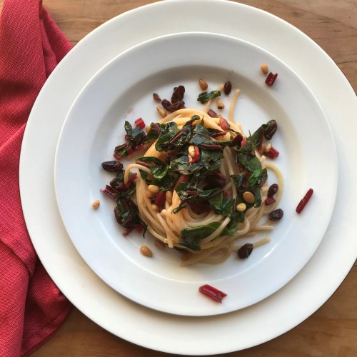Spaghetti with Chard, Pine Nuts, and Raisins