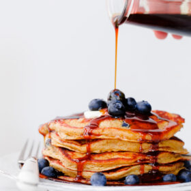 Blueberry Rye Pancakes with Molasses Syrup