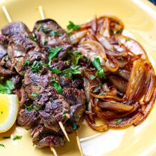 Chicken Liver Skewers With Balsamic Onions & Chard