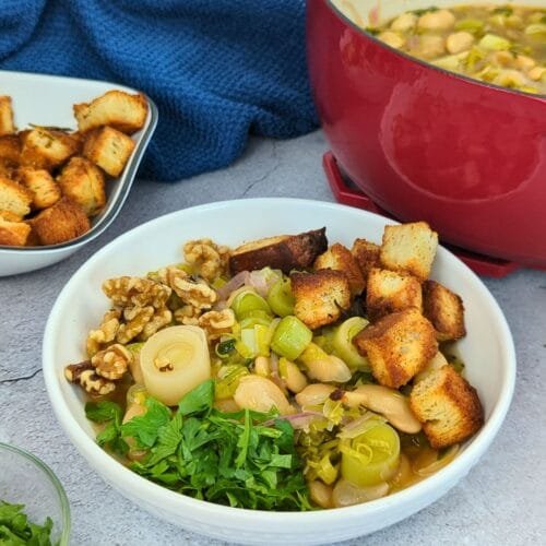 Leek and Butter Bean Soup with Rosemary Croutons