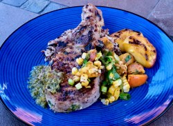 Tomatillo & Tequila Pork Chops with Peach, Chile & Corn Salsa