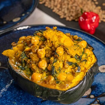 Curried Lentils, Garbanzo Beans, and Spinach Stuffed Acorn Squash