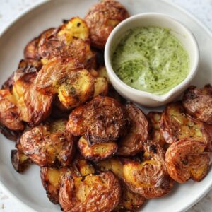 Crispy Garlic Smashed Potatoes with Pesto Aioil