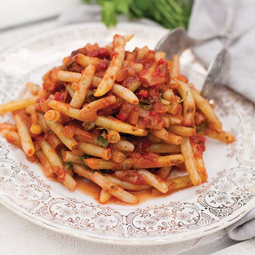 Braised Heirloom Soleil Wax Beans with Tomato, Guanciale and Chilies
