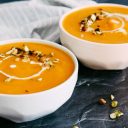 Slow Cooker Creamy Sweet Potato Soup with Coconut and Pistachios