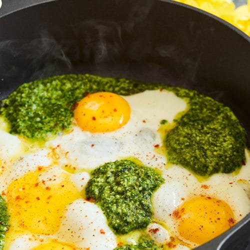 Fried eggs with chimichurri sauce