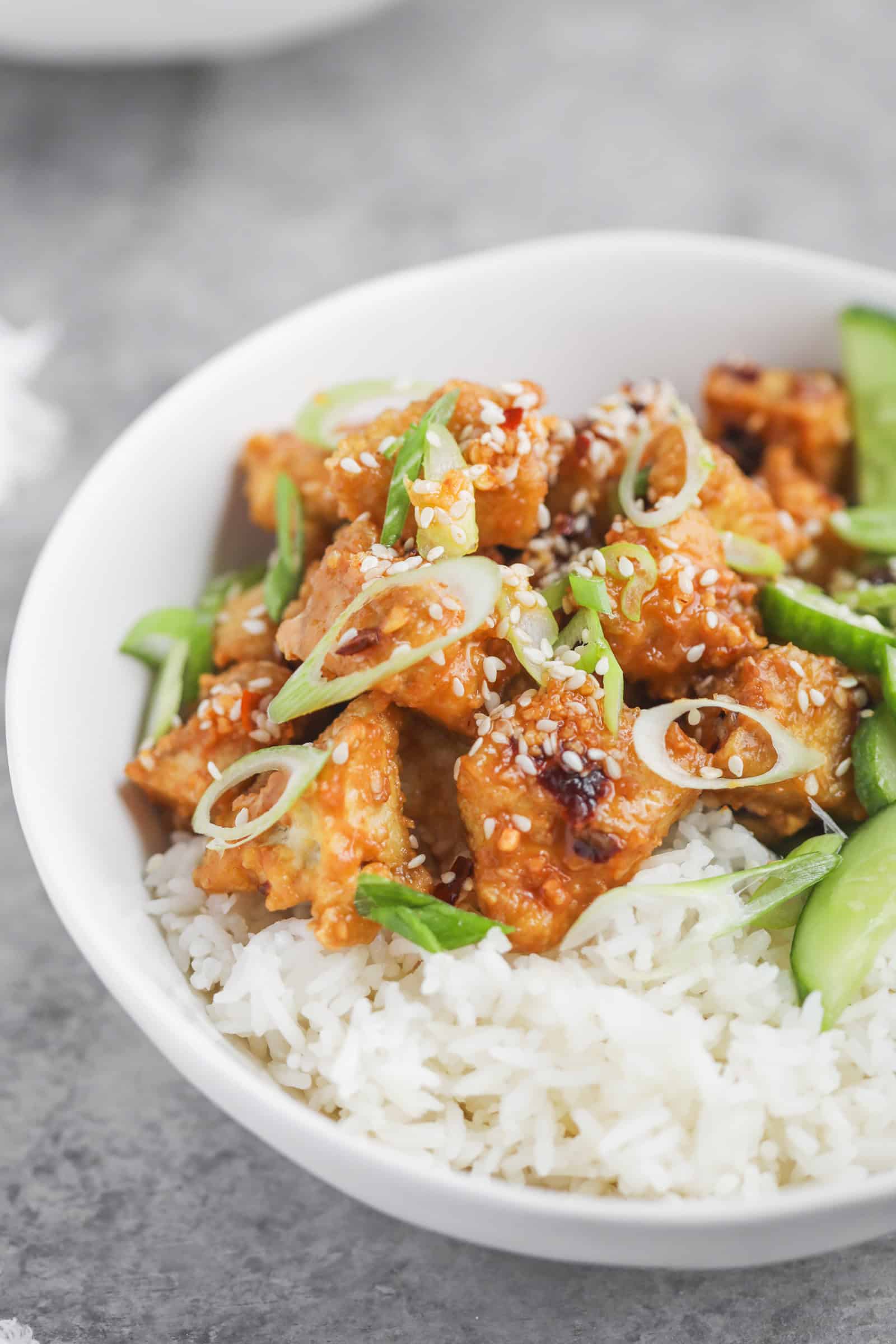 Chili Crisp Tofu Bowls with Cucumber Salad and Rice