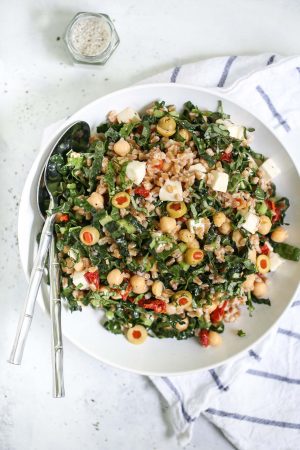Farro Salad with Kale, Sun Dried Tomatoes, and Chickpeas