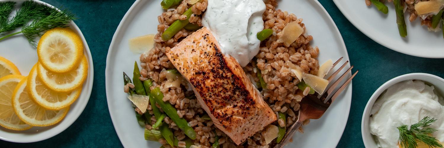 Salmon with Asparagus Farro and Dill Yogurt