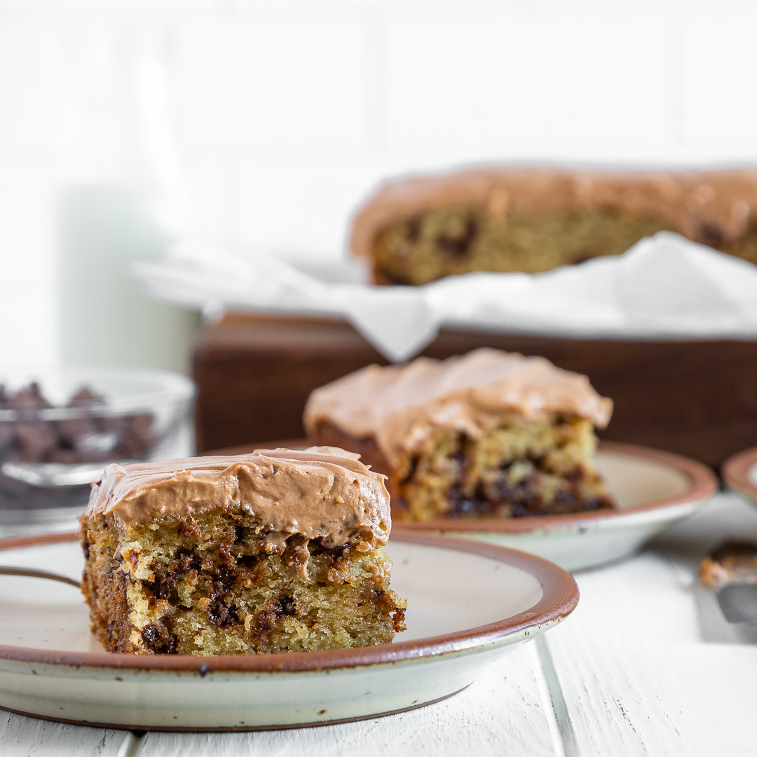 Banana Chocolate Chip Cake with Milk Chocolate Frosting