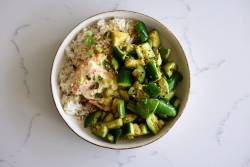 Ginger Scallion Salmon and Rice with Marinated Avocado Salad