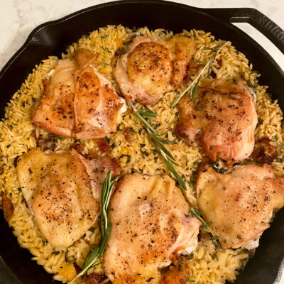 One Skillet Chicken Thighs with Orzo & Dates
