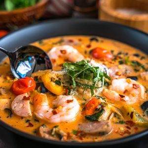 Spicy Calabrian Chile Tomato Soup w/ Sausage and Shrimp