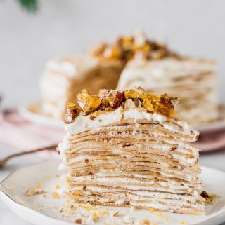 Cream and Almond Praline Crêpe Cake