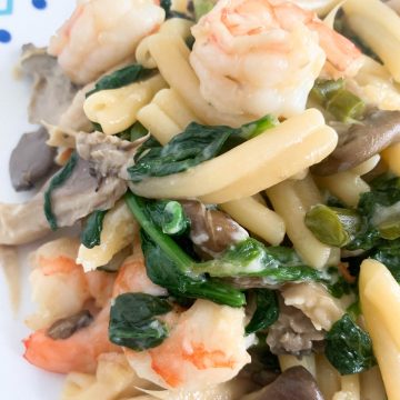 Pasta with Oyster Mushrooms, Garlic Scapes, Shrimp & Miso