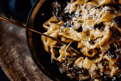 Homemade fettuccine with mushroom ragu