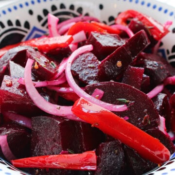 Quick Pickled Beet Salad with Onions and Red Bell Peppers