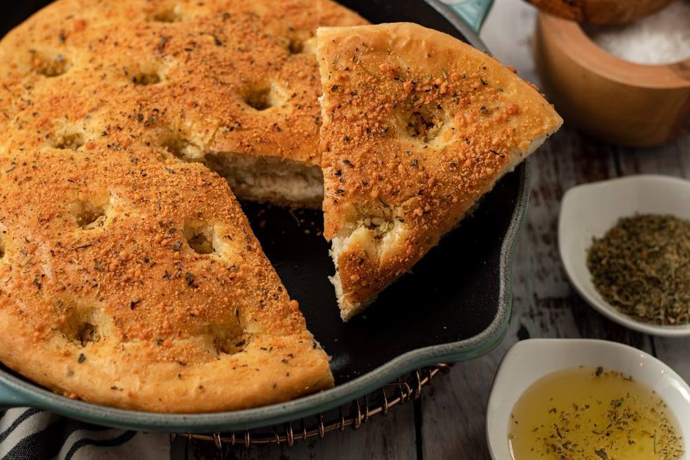 Easy Cast Iron Focaccia Bread with Italian Herbs